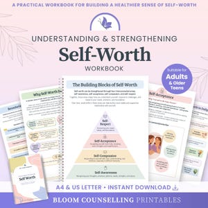 May include: A spiral-bound workbook titled Understanding & Strengthening Self-Worth, featuring a pyramid diagram of self-respect, self-acceptance, self-compassion, and self-awareness. The pages include text about boundaries, self-acceptance, and daily habits.