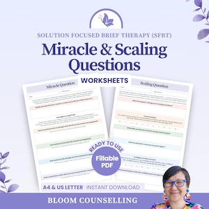 Miracle Question Scaling Question Worksheets | Fillable PDF | SFBT Solution Focused Cheat Sheet Guide | Therapist Counsellor Session Toolkit