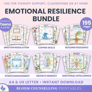 May include: A 195-page Emotional Resilience Bundle of printable worksheets for therapy, classrooms, or home. Includes sections on emotion regulation, coping skills, building resilience, stress management, growth mindset, and emotional intelligence.