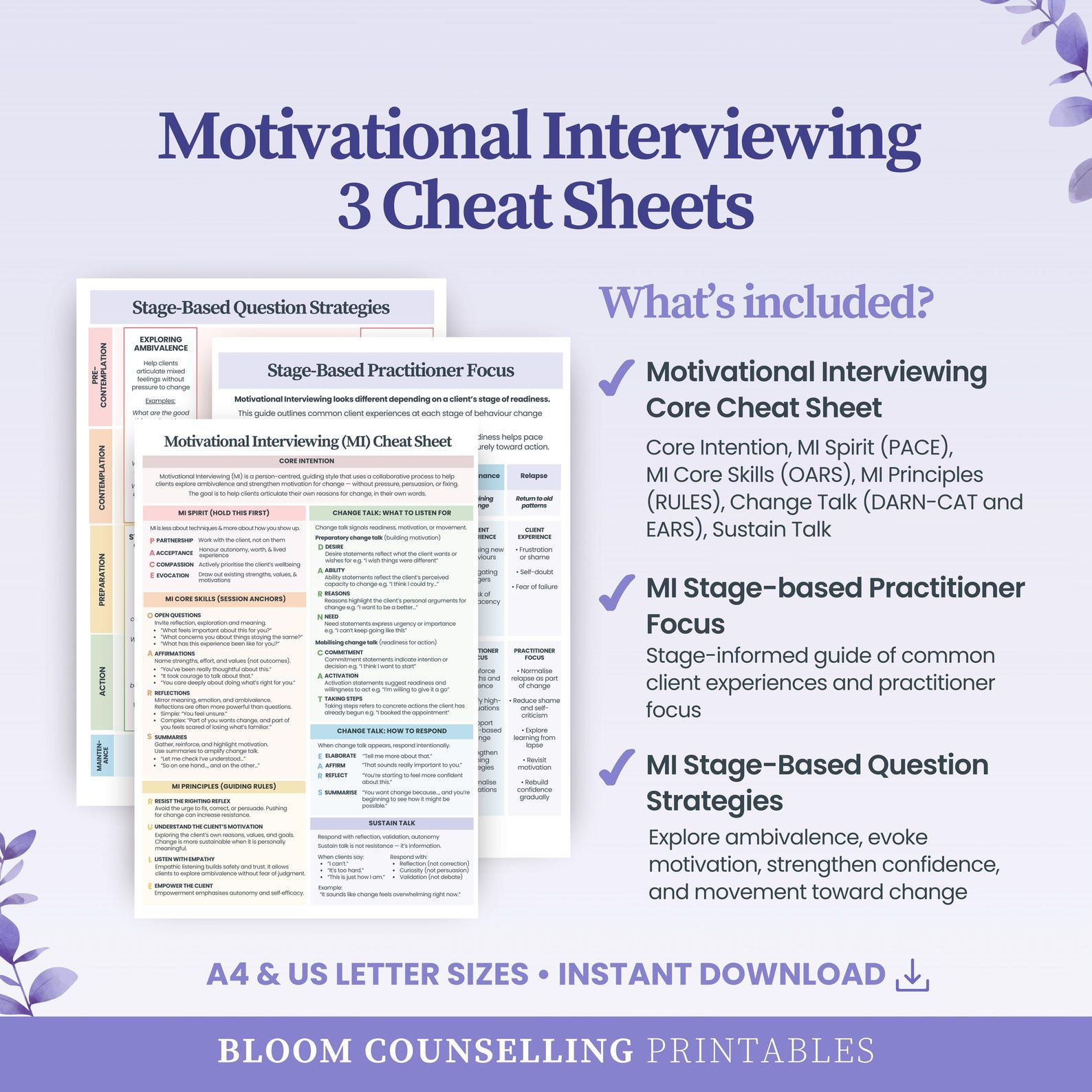 Motivational Interviewing Chart.pdf Motivational Interviewing Cheat Sheets | MI Quick Reference Guide ...
