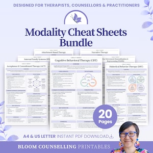 May include: A bundle of printable modality cheat sheets for therapists, counselors, and practitioners. The sheets cover topics like Cognitive Behavioral Therapy (CBT), Dialectical Behavior Therapy (DBT), and Acceptance & Commitment Therapy (ACT). The bundle includes 20 pages.