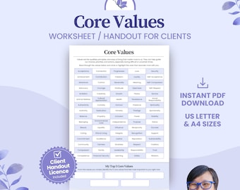 Pode incluir: Uma folha de exercícios sobre valores fundamentais para clientes com uma grade de valores para circular ou destacar, incluindo uma seção para os meus 5 valores principais. O documento contém texto para terapeutas, conselheiros, profissionais ou uso pessoal.