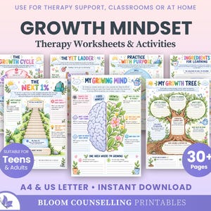 Op de afbeelding: Een verzameling Growth Mindset therapiewerkbladen en activiteiten met kleurrijke illustraties van hersenen, bomen en ladders. De pagina's bevatten tekst zoals The Growth Cycle, The Yet Ladder, My Growing Mind en My Growth Tree, ontworpen voor tieners en volwassenen.