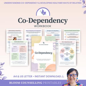 Puede incluir: Se muestra un cuaderno de trabajo titulado "Co-Dependency" con el subtítulo "Workbook". La portada presenta el título y un logotipo de mariposa. Varias páginas con diagramas y texto son visibles, incluyendo "Relationship Patterns" y "The Co-dependency Cycle". El texto "A4 & US LETTER • INSTANT DOWNLOAD" también es visible.