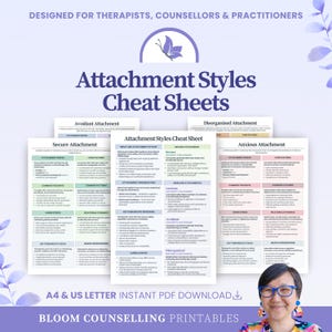 May include: A collection of printable "Attachment Styles Cheat Sheets" for therapists and counselors. The sheets include information on avoidant, secure, disorganized, and anxious attachment styles. The design is in shades of purple, green, and white.