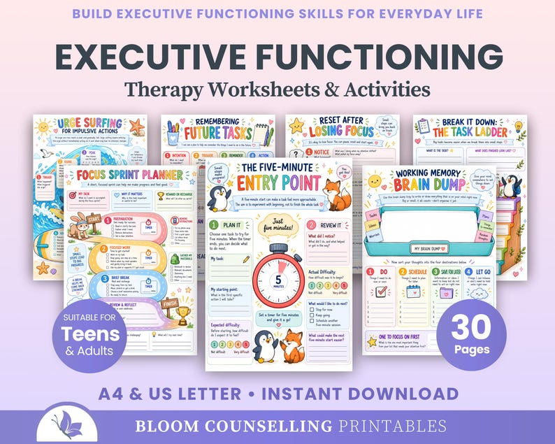 May include: A collection of printable executive functioning therapy worksheets and activities featuring colourful illustrations of animals and timers. The pages include titles like Urge Surfing, Focus Sprint Planner, and The Five-Minute Entry Point.