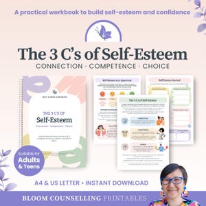 May include: A spiral-bound workbook titled The 3 C's of Self-Esteem: Connection, Competence, Choice. The cover features a butterfly icon and pastel shapes. Included are interior pages with text, illustrations, and journal prompts for adults and teens.