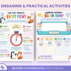 May include: Two educational worksheets titled Engaging & Practical Activities. The left sheet, The Five-Minute Entry Point, features a timer, a penguin, and a fox. The right sheet, Working Memory Brain Dump, includes a tray graphic and four sorting categories.