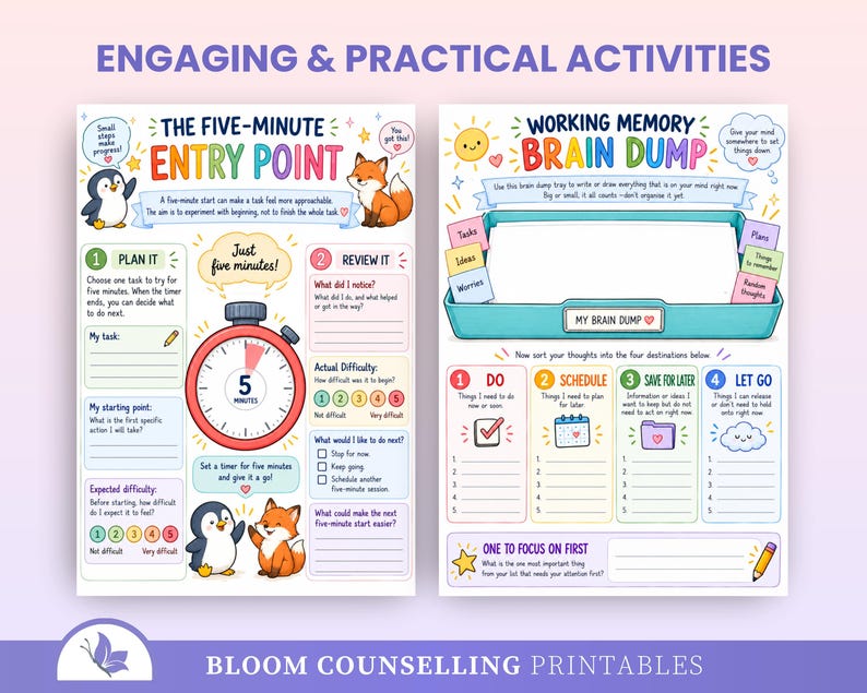 May include: Two educational worksheets titled Engaging & Practical Activities. The left sheet, The Five-Minute Entry Point, features a timer, a penguin, and a fox. The right sheet, Working Memory Brain Dump, includes a tray graphic and four sorting categories.