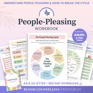 May include: A People-Pleasing workbook with a spiral-bound cover featuring a butterfly icon. The pages display diagrams, text, and a cycle chart titled The People-Pleasing Cycle, with sections for adults and older teens, available in A4 and US Letter.
