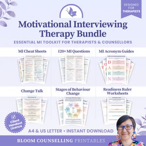 May include: A digital therapy bundle titled Motivational Interviewing Therapy Bundle, featuring essential MI toolkit resources for therapists. Includes cheat sheets, 120+ questions, acronym guides, change talk, stages of behavior change, and readiness ruler worksheets.