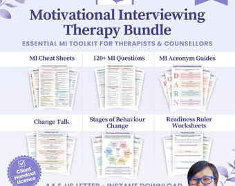 May include: A digital therapy bundle titled Motivational Interviewing Therapy Bundle, featuring essential MI toolkit resources for therapists. Includes cheat sheets, 120+ questions, acronym guides, change talk, stages of behavior change, and readiness ruler worksheets.