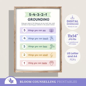 May include: A framed print with the text "5-4-3-2-1 GROUNDING" and instructions for mindfulness. The print includes sections for things to see, touch, hear, smell, and taste. It also includes the text "DIGITAL DOWNLOAD" and "11x14" JPG file".