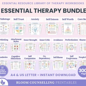 Może przedstawiać: Essential Therapy Bundle zawierający kolekcję zeszytów ćwiczeń terapeutycznych z tytułami takimi jak Self Sabotage, Anxiety i Boundaries. Cyfrowa biblioteka zasobów zawiera ponad 300 stron w formatach A4 i US Letter oraz licencję dla klientów.