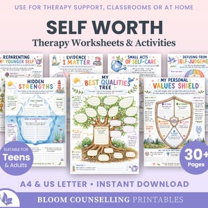 May include: A collection of self-worth therapy worksheets and activities featuring colourful illustrations, including a tree, an iceberg, and a shield. The pages contain text prompts for personal reflection, available in A4 and US letter sizes.