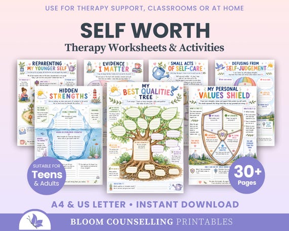 Self Worth Worksheets, Teen Activities, Anxiety Therapy, Self Esteem Worksheets, CBT ACT Therapist Toolkit (Digital Download)