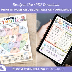 Puede incluir: Una hoja de trabajo imprimible de salud mental titulada Evidence I Matter con un gr&aacute;fico en forma de coraz&oacute;n, junto a una tableta digital que muestra una hoja Rewriting My Self-Worth Story con secciones para narrativas.