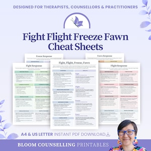 May include: A collection of printable cheat sheets titled "Fight Flight Freeze Fawn" for therapists and counselors. The sheets are white with black text and include information on fight, flight, freeze, and fawn responses. The design includes a purple butterfly logo and the text "Bloom Counselling Printables".