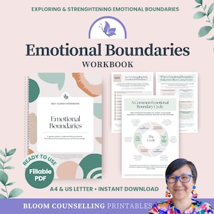 Puede incluir: Un cuaderno de ejercicios de espiral titulado Emotional Boundaries con una portada abstracta de colores suaves. El cuaderno incluye páginas sobre patrones y ciclos de límites emocionales, con texto como A Common Emotional Boundary Cycle.