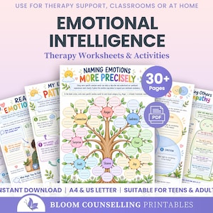 May include: A collection of therapy worksheets and activities titled Emotional Intelligence, featuring a central Naming Emotions More Precisely tree diagram with blank circles for writing, plus additional pages for teens and adults.