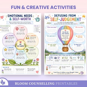Puede incluir: Dos hojas de trabajo educativas tituladas Fun & Creative Activities. La hoja izquierda presenta un diagrama de flor para Emotional Needs & Self-Worth. La hoja derecha muestra un gr&aacute;fico de globo aerost&aacute;tico para Defusing from Self-Judgement.