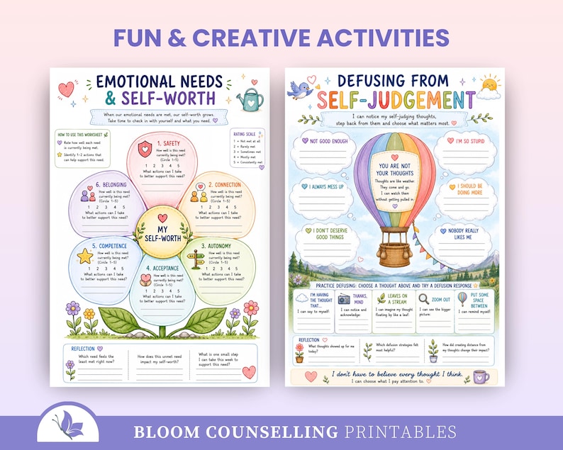Puede incluir: Dos hojas de trabajo educativas tituladas Fun & Creative Activities. La hoja izquierda presenta un diagrama de flor para Emotional Needs & Self-Worth. La hoja derecha muestra un gr&aacute;fico de globo aerost&aacute;tico para Defusing from Self-Judgement.
