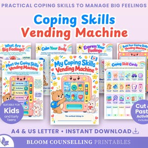 May include: A collection of printable educational worksheets titled Coping Skills Vending Machine, featuring colorful illustrations of a vending machine, a bear, and a rabbit. The pages include text about managing big feelings, coping skill cards, and activities.