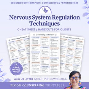 May include: Three informational handouts titled Nervous System Regulation Techniques, 12 Self-Soothing Techniques, 12 Grounding Techniques, and 12 Somatic Regulation Techniques. The documents feature lists of therapeutic exercises, a client handout licence badge, and text indicating A4 and US Letter PDF download availability.