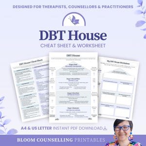 May include: A DBT House cheat sheet and worksheet set for therapists and counsellors. The documents feature a house diagram divided into four stages: basement, first floor, second floor, and roof, with text detailing emotional growth and stability.