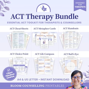 Ensemble de thérapie ACT | Feuilles d'exercices ACT, aide-mémoire, cartes de métaphore, thérapie d'acceptation, boîte à outils pour thérapeute psychologique (téléchargement numérique)