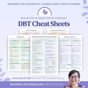 Fuskblad för dialektisk beteendeterapi (DBT), DBT-arbetsblad, resurspaket för terapeuter och psykologer (digital nedladdning)