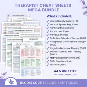 May include: A Therapist Cheat Sheets Mega Bundle featuring multiple printed pages with topics like Internal Family Systems, Nervous System Regulation, and CBT. The text includes a list of included therapy resources and mentions A4 and US Letter sizes.