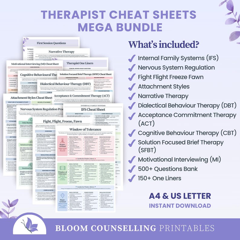 May include: A Therapist Cheat Sheets Mega Bundle featuring multiple printed pages with topics like Internal Family Systems, Nervous System Regulation, and CBT. The text includes a list of included therapy resources and mentions A4 and US Letter sizes.