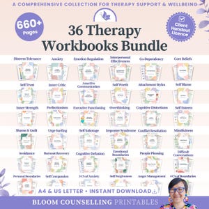 Op de afbeelding: Een digitale bundel van 36 therapiewerkboeken met in totaal meer dan 660 pagina's, met titels als Distress Tolerance, Anxiety en Self Esteem. Bevat een licentie voor cliënt-handouts, A4- en US letter-formaten en de naam Bloom Counselling Printables.