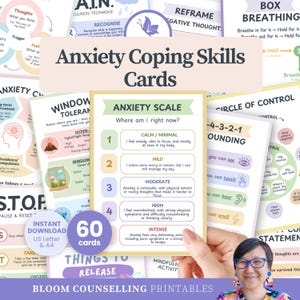 May include: Anxiety Coping Skills Cards with the text "Anxiety Scale" and "60 cards". The cards feature various techniques, including breathing exercises and mindfulness activities, with a calming colour palette of greens, blues, and purples.
