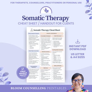 May include: A Somatic Therapy cheat sheet, ideal for therapists and counsellors. The handout covers grounding techniques, breath awareness, and body scan exercises. It includes a client handout licence and is available in US Letter and A4 sizes.