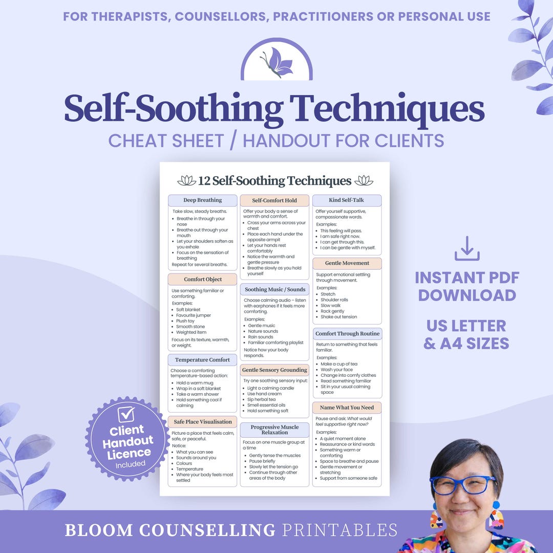 Self-soothing Techniques Cheat Sheet Handout for Clients, Counsellor ...