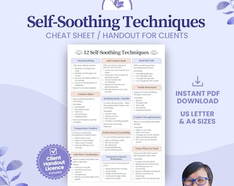 Self-Soothing Techniques Cheat Sheet Handout for Clients, Counsellor Therapist Psychologist SocialWorker Resource Toolkit (Digital Download)