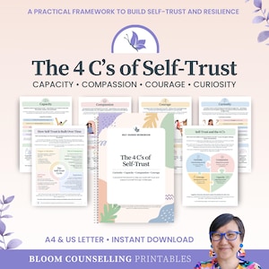 May include: A digital workbook titled "The 4 C's of Self-Trust" with the words "Capacity, Compassion, Courage, Curiosity." The workbook is surrounded by other pages with text and graphics. The words "A4 & US Letter • Instant Download" are also visible.