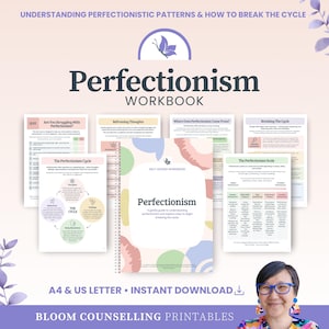 Peut inclure: Un cahier d'exercices intitulé "Perfectionnisme" avec un logo de papillon, entouré de plusieurs feuilles de travail. La couverture présente le titre et les mots "Self-Guided Workbook". Le texte "A4 & US LETTER • INSTANT DOWNLOAD" est également visible.