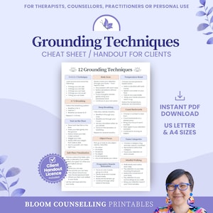 Op de afbeelding: Een printbare cheat sheet met aardingstechnieken voor therapeuten en counselors. De handout bevat 12 technieken, zoals de 5-4-3-2-1 techniek en bodyscan. Directe PDF-download in US Letter- en A4-formaten voor professioneel gebruik.