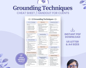 Grounding Techniques Cheat Sheet Handout for Clients, Counsellors Therapists Social Worker Resource, Therapeutic Tools (Digital Download)