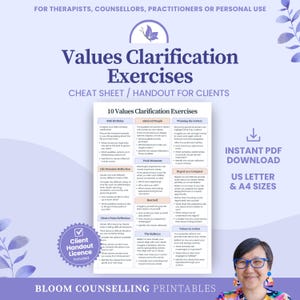 May include: A digital handout titled 10 Values Clarification Exercises featuring a list of reflective prompts for personal growth. The document includes sections like 80th Birthday, Admired People, and Winning the Lottery, presented in a clean layout.