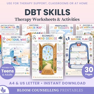 Könnte beinhalten: Eine Sammlung von DBT-Skills-Therapiearbeitsblättern und Aktivitäten mit farbenfrohen Illustrationen und Texten, darunter Emotion Intensity Thermometer, Emotional Chain Map, Mindfulness of Thoughts, Building a Life Worth Living, Riding the Emotional Wave, Beginner's Mind Exercise und Crisis Survival Plan.