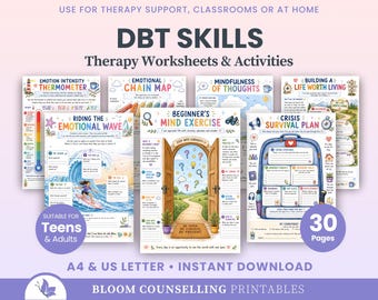 Hojas de trabajo y actividades de habilidades de DBT, regulación emocional, tolerancia a la angustia, kit de herramientas de terapia dialéctica conductual (descarga digital)