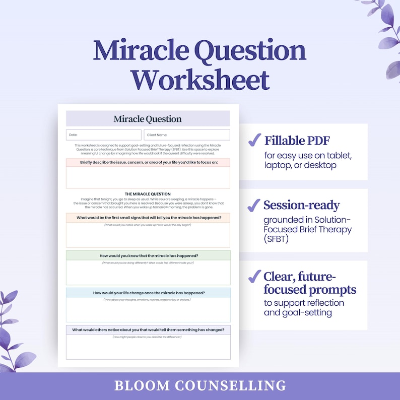 Miracle Question Worksheet | Fillable PDF | Solution Focused Question ...