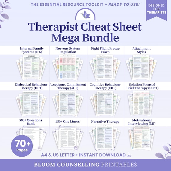 Therapist Cheat Sheet Mega Bundle | IFS, ACT, DBT, Attachment Styles, Narrative Therapy | Counsellor Prompts One Liners | Digital Download