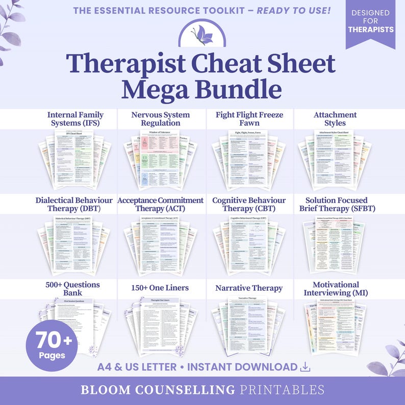 Therapist Cheat Sheet Mega Bundle | IFS, ACT, DBT, Attachment Styles, Narrative Therapy | Counsellor Prompts One Liners, Therapist Resource image 1