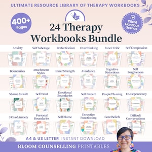 May include: A digital bundle of 24 therapy workbooks titled Ultimate Resource Library of Therapy Workbooks, featuring 400+ pages and a client handout license. The collection includes topics like anxiety, self-sabotage, and boundaries in A4 and US letter sizes.