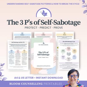 May include: A collection of printable workbooks and guides titled "The 3 P's of Self-Sabotage." The materials include the text "Protect, Predict, Prove" and "Self-Guided Workbook." The design features a butterfly graphic and the text "Bloom Counselling Printables."
